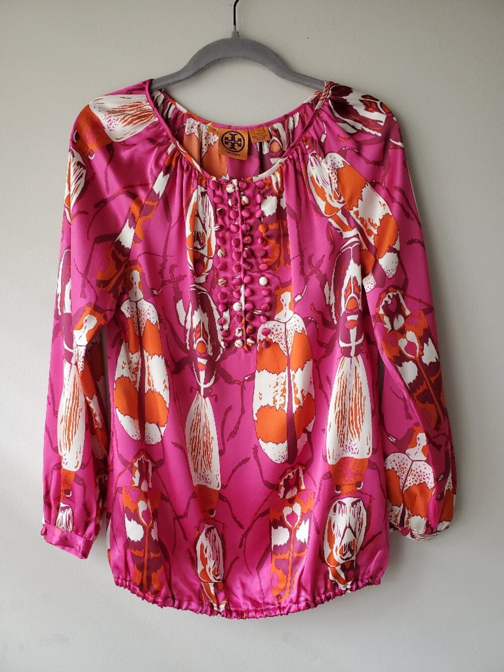 NEW Tory Burch 100% Silk Fuchsia & Orange Beetle Print Blouse 4